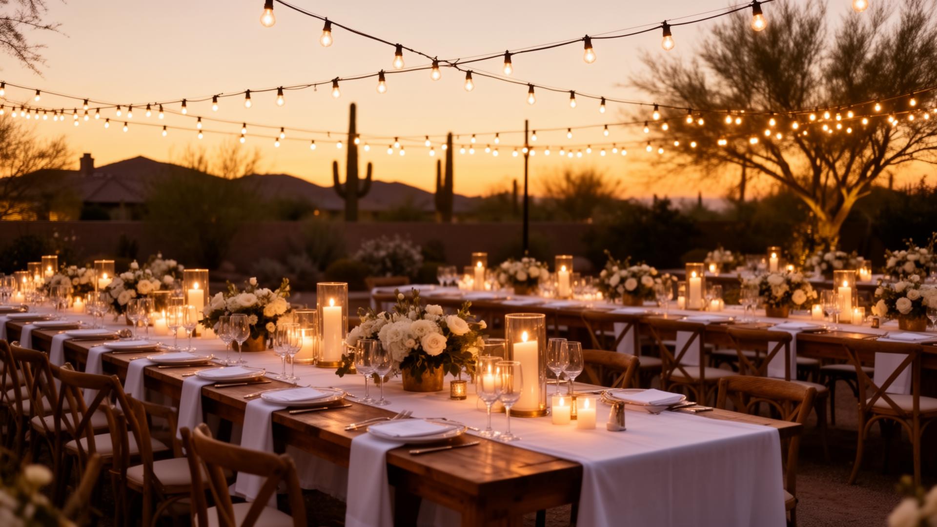 Luxury outdoor evening event setup in Phoenix at golden hour